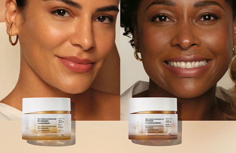 Close up de modelos Natura de edades diferente, cada una con el gel crema antiseñales Chronos Derma correspondiente a su edad.
